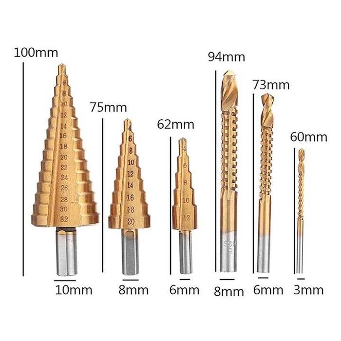 Set 6 de burghie cu pas HSS titan, 3 marimi de burghie in trepte,nou