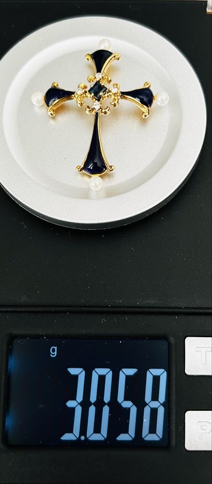 Cruciulita Faberge din aur 14K, email, diamante, perle, safir