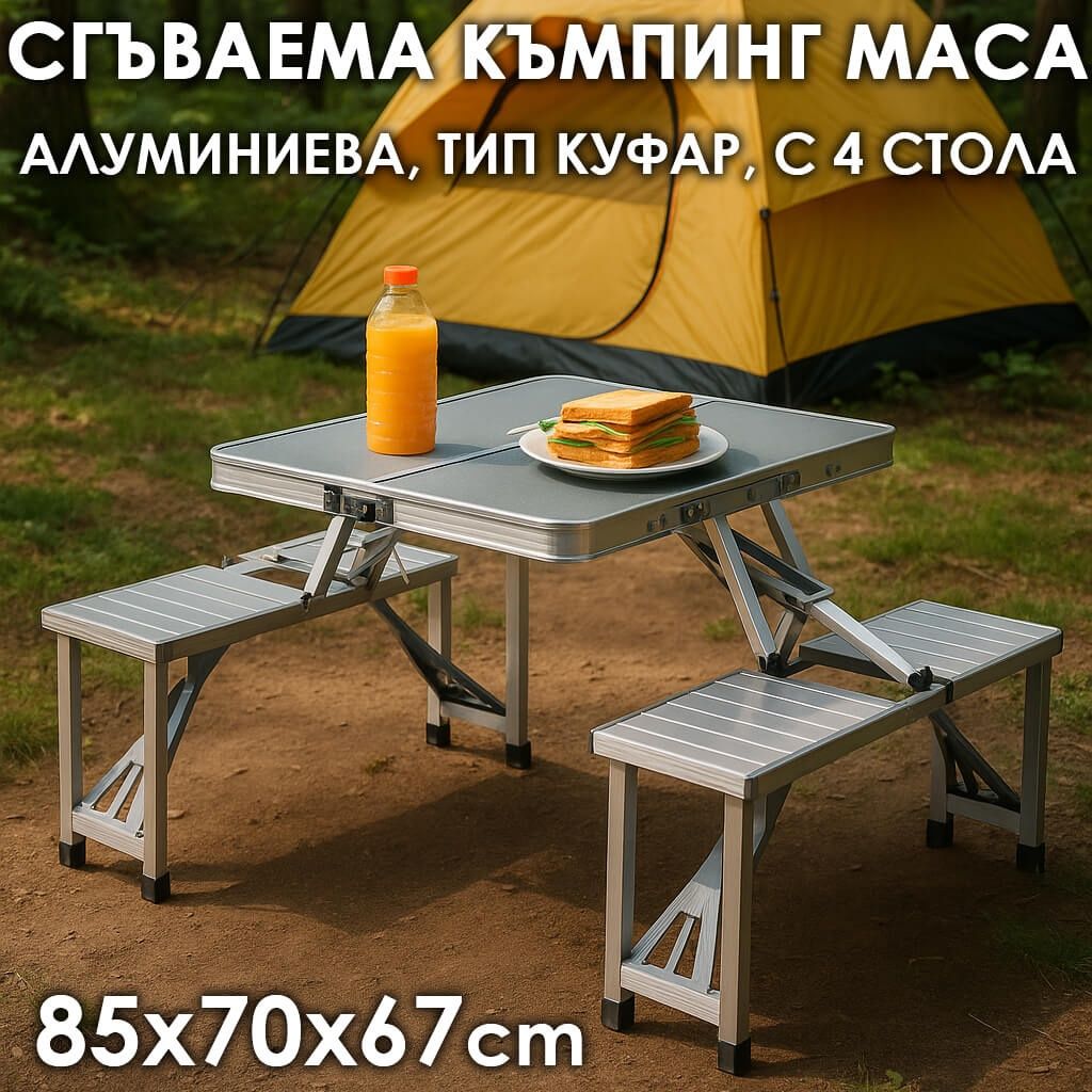 Сгъваема Къмпинг Маса с 4 Стола за пикник – компактна и устойчива до 1