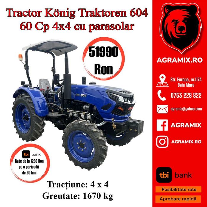 Konig tractor nou 60Cp 4x4 cu acoperis Agramix