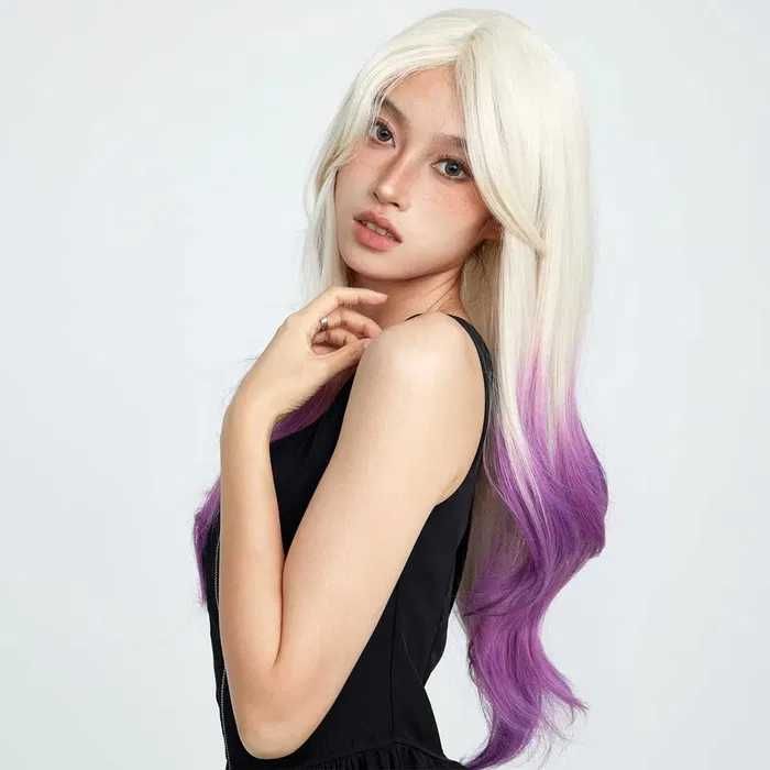 Синтетична руса перука с лилави краища