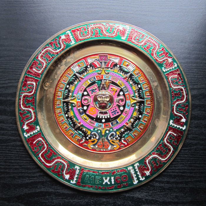 cadou rar Plate Calendar Aztec Maya bronz pictat email Mexic 1980