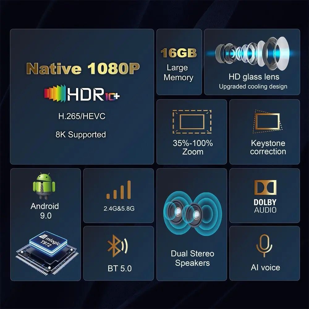 XNANO X1 Pro 8K 1080P qo‘lda/avtofokusli FHD BT WiFi uy proyektori