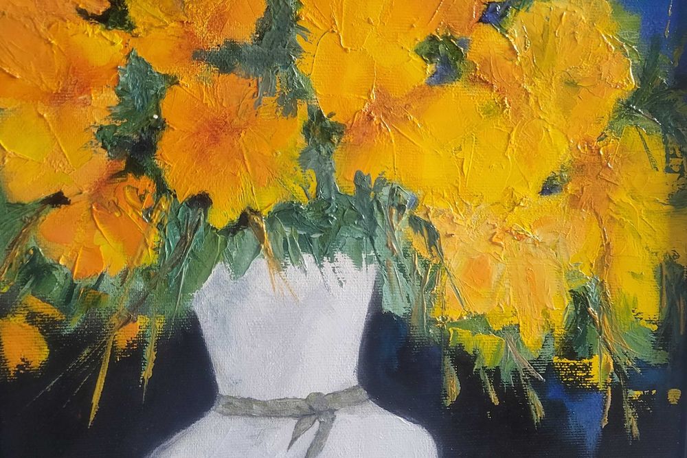 PICTURA, TABLOU nou, modern, FLORI GALBENE -, pictor roman consacrat