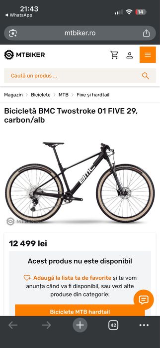Vand bicicleta hardtrail BMC TWOSTROKE noua ,carbon