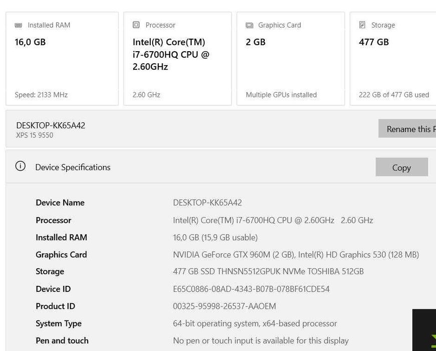 Dell XPS 15 9550 — i7 / 16 GB / 512 GB SSD / GTX 960M / FHD