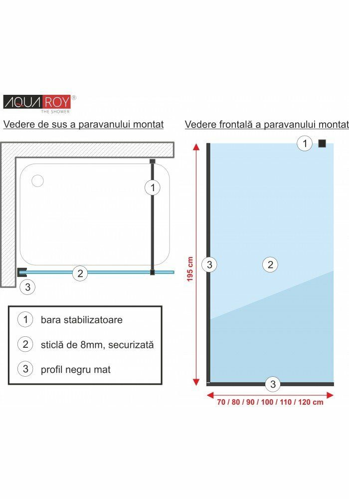 Paravan cabina de dus walk-in, (1435) Aqua Roy ® Black, model ATLAS ne