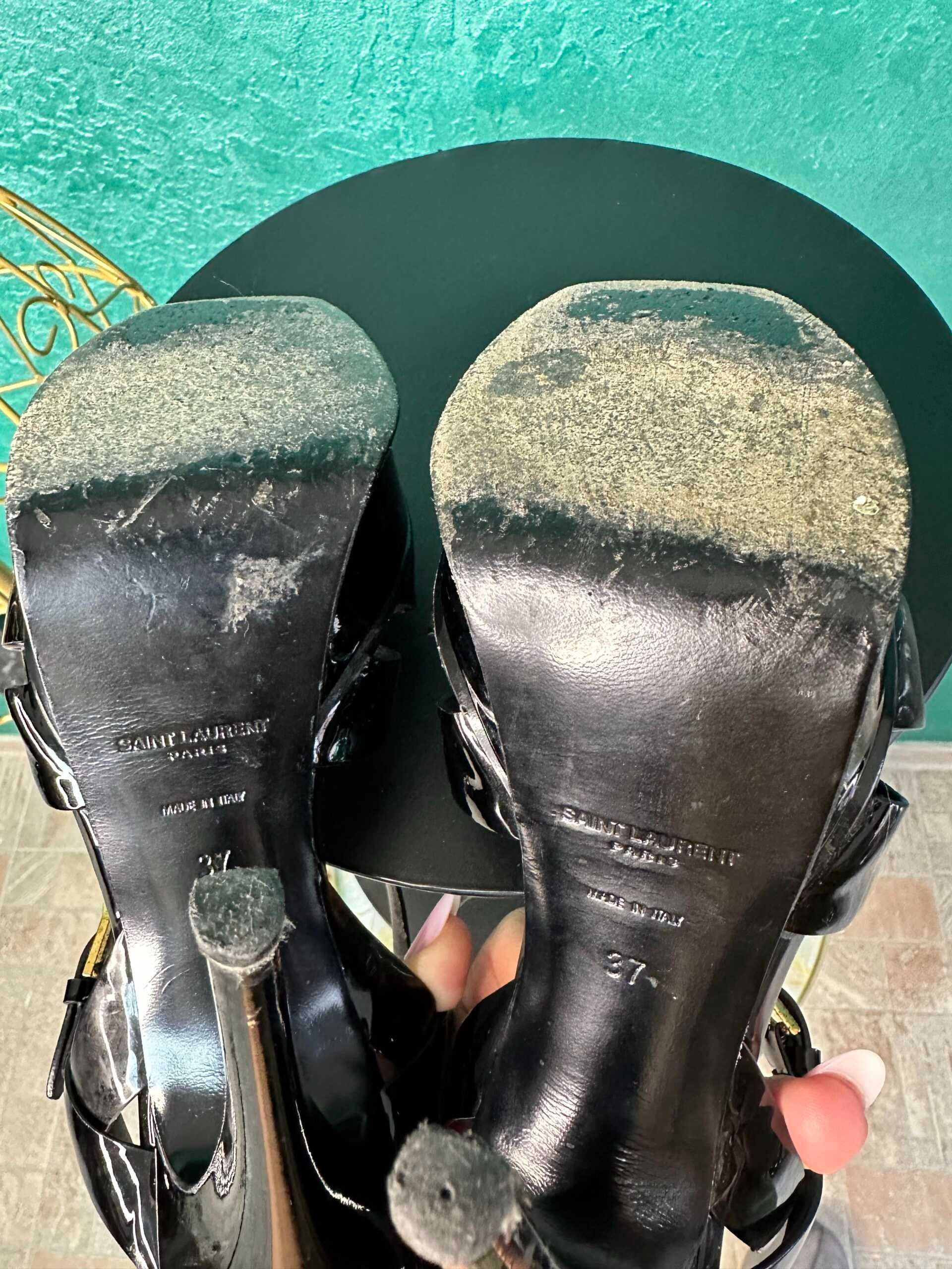Sandale piele lăcuită, Yves Saint Laurent tribute, negre, mărimea 37