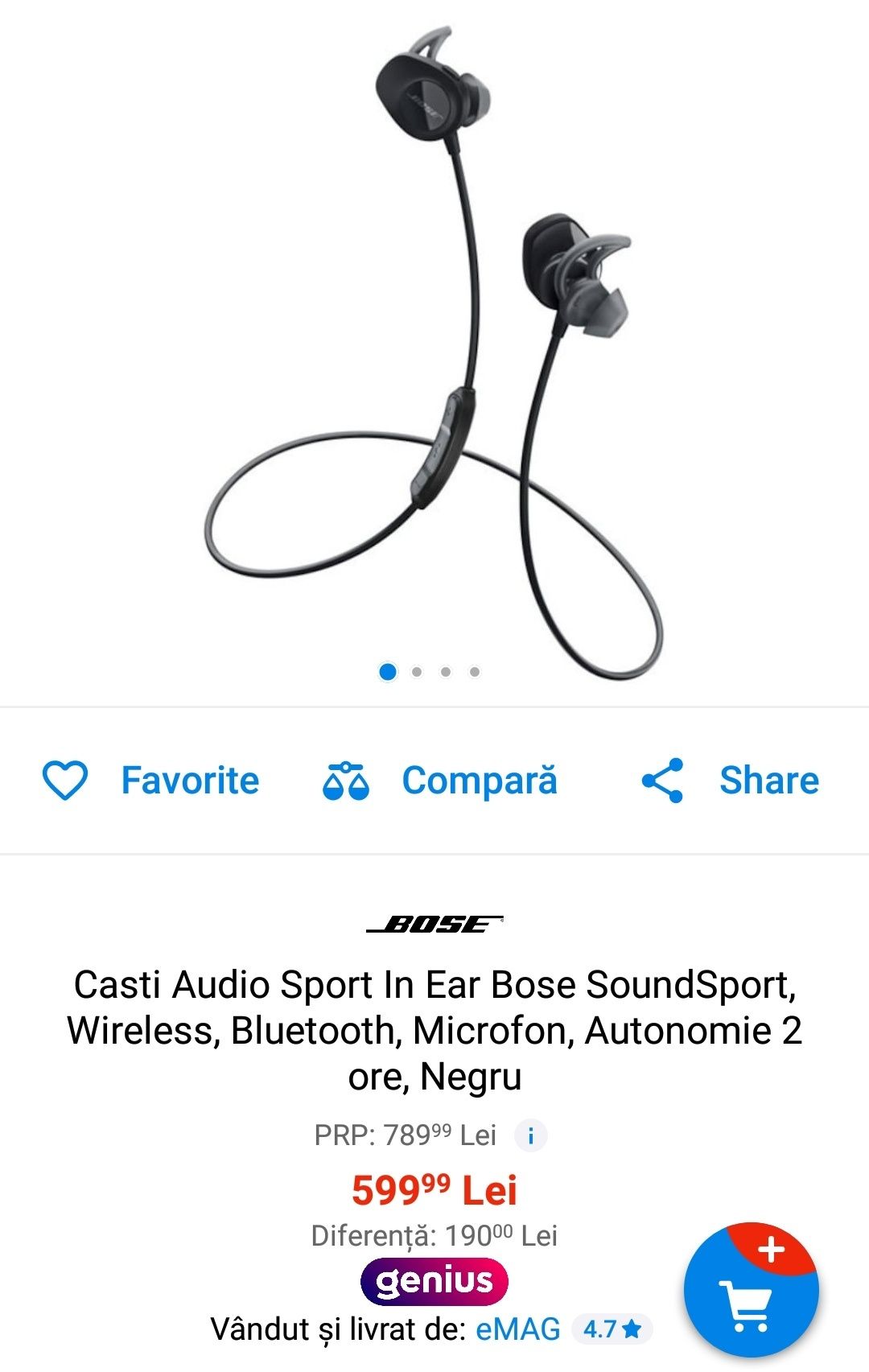 Caști Bose EarBose Sound Sport Wireless Bluetooth, Microfon