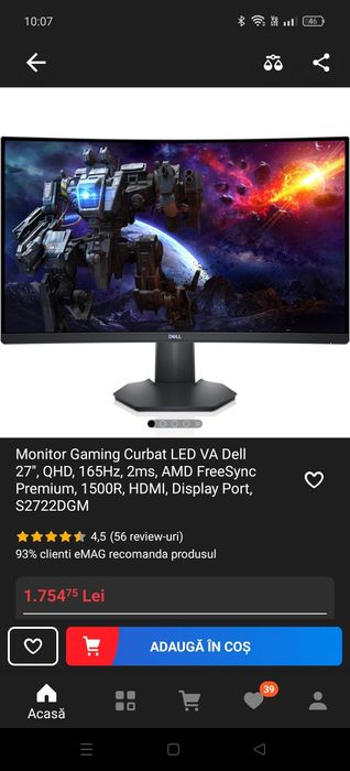 Dell S2722DGM VA Curbat Monitor de jocuri 27" QHD 2560x1440 165Hz