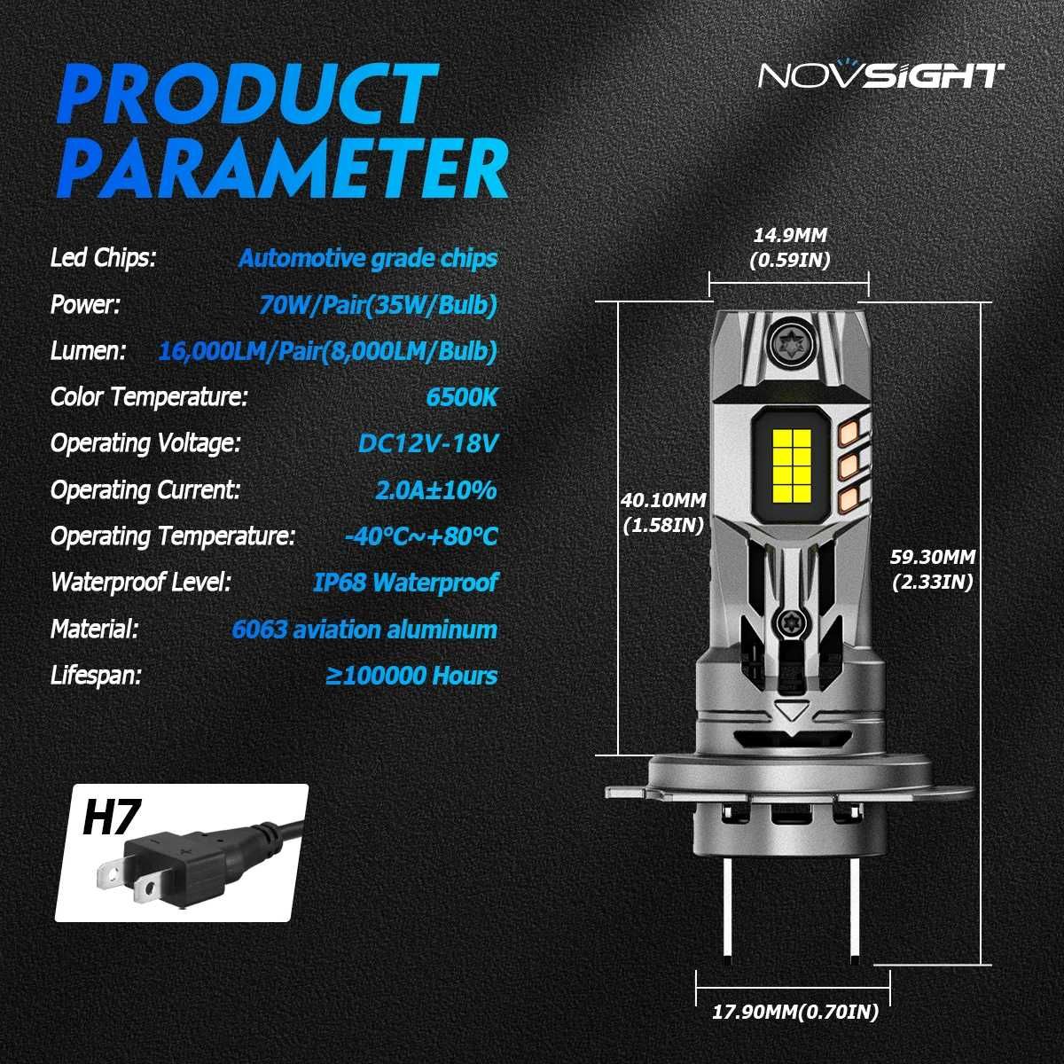 Set 2 Becuri Bec Led Auto H7 NOVSIGHT MINI 6500K 70W/SET 16.000 lumeni