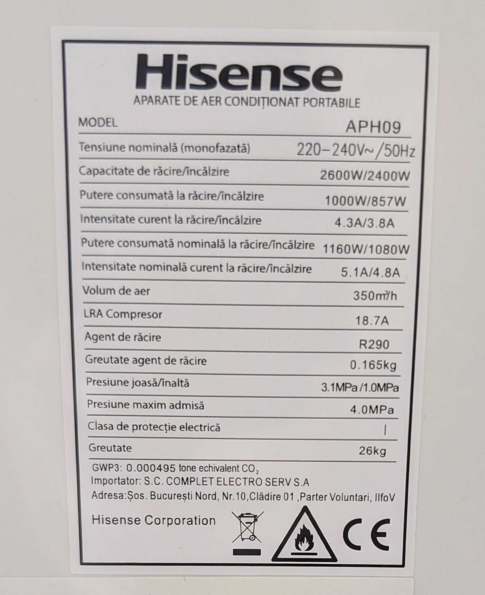 Aer conditionat Portabil Hisense 9000 BTU APH09
