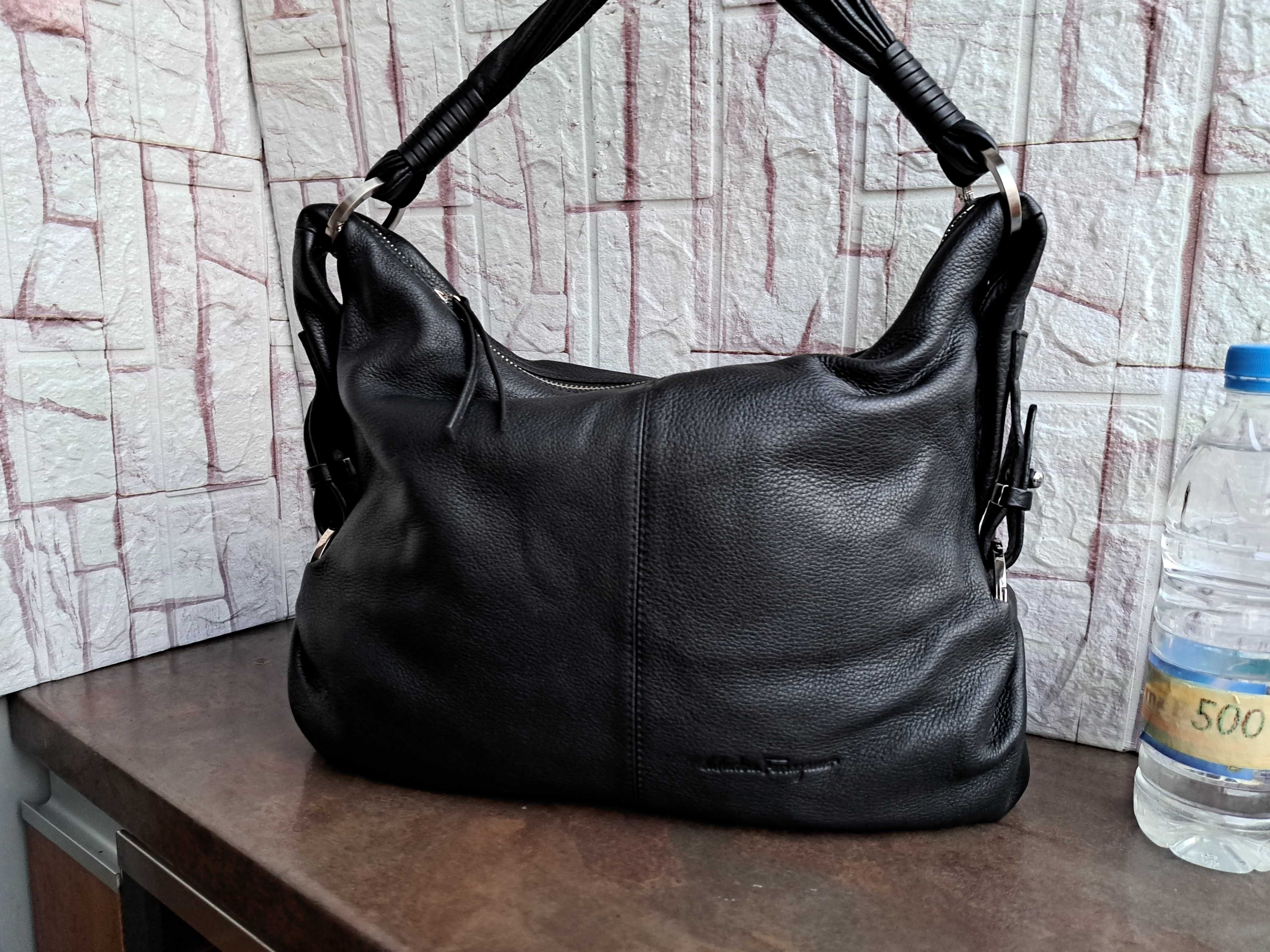 дамска чанта,Salvatore Ferragamo-черна кожена торба-естествена кожа