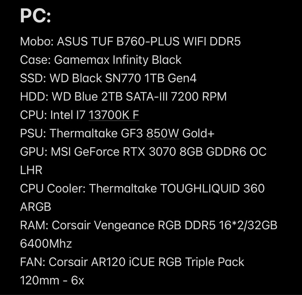 Vand PC Gaming/ Editare - i7 13700K F - 3070 8GB - 32GB DDR5
