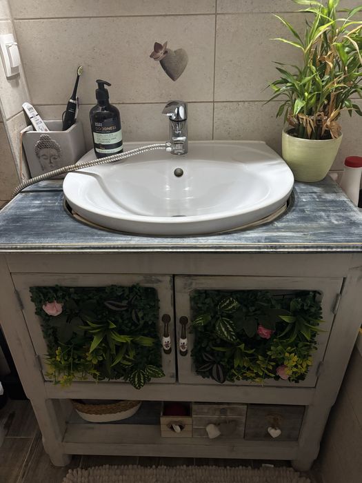 Masca baie lemn masiv + chiuvetă Cersanit și baterie Grohe