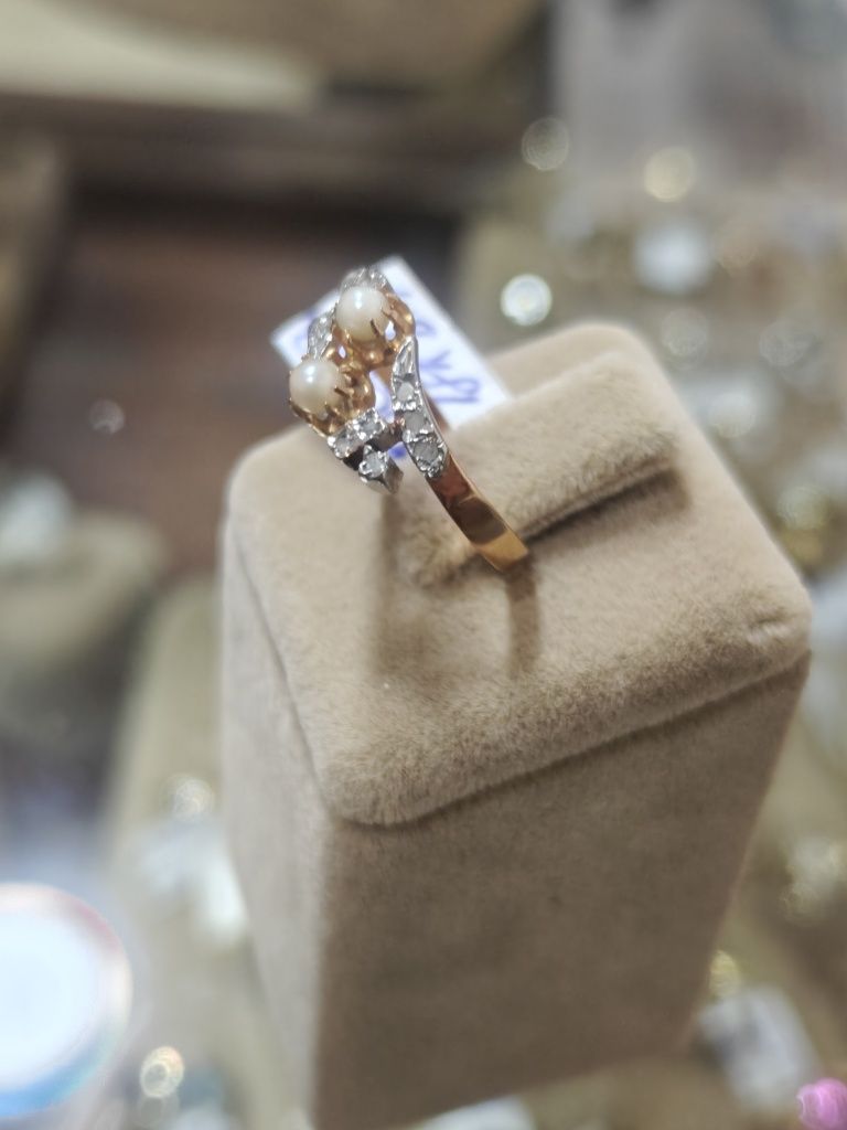 Inel vintage aur 18k cu diamante și perle (r)