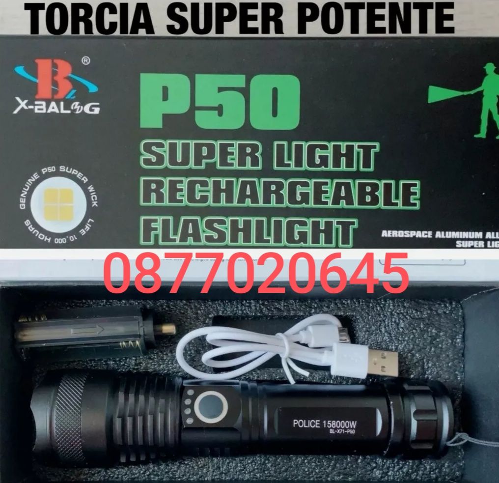 XHP50 LED фенер, алуминий, черен, 20W, презареждаем с USB комплект с