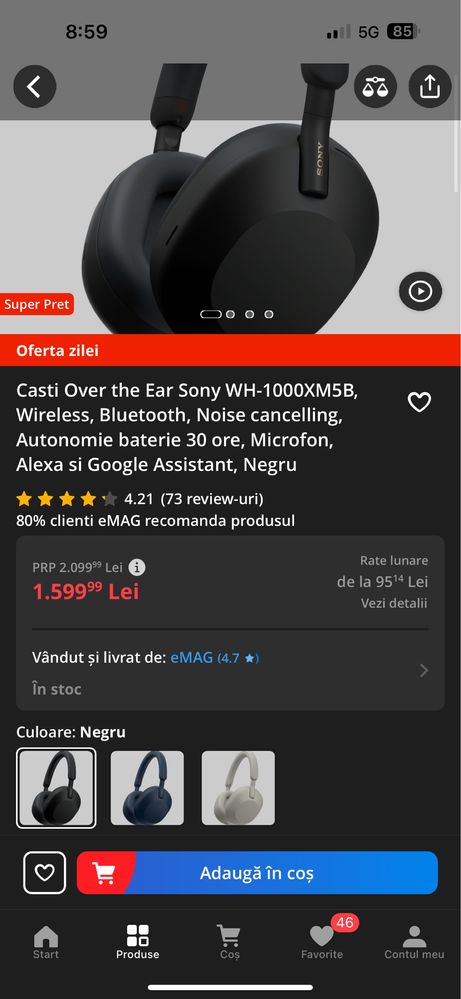 Casti Over the Ear Sony WH-1000XM5B