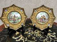 Superbe aplice bronz-medalioane scene galante-busturi argintate-Spania
