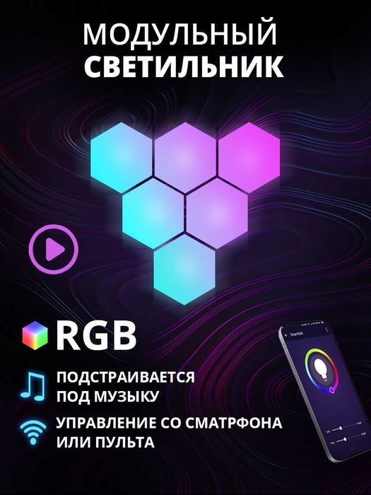 Настенный модульный светильник ( НОЧНИК ) RGB Соты   6 шт в комплекте