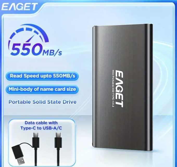 Външен SSD твърд диск EAGET 1TB, USB 3.2 трансфер до 500MB/s (НОВ)