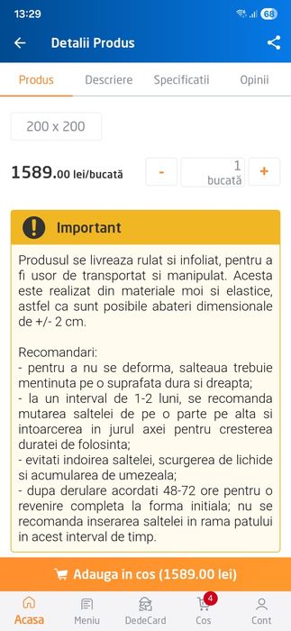 Saltea pat Bedora Fitt Musetel Memory Cocos, ortopedica, 160 x 200 cm