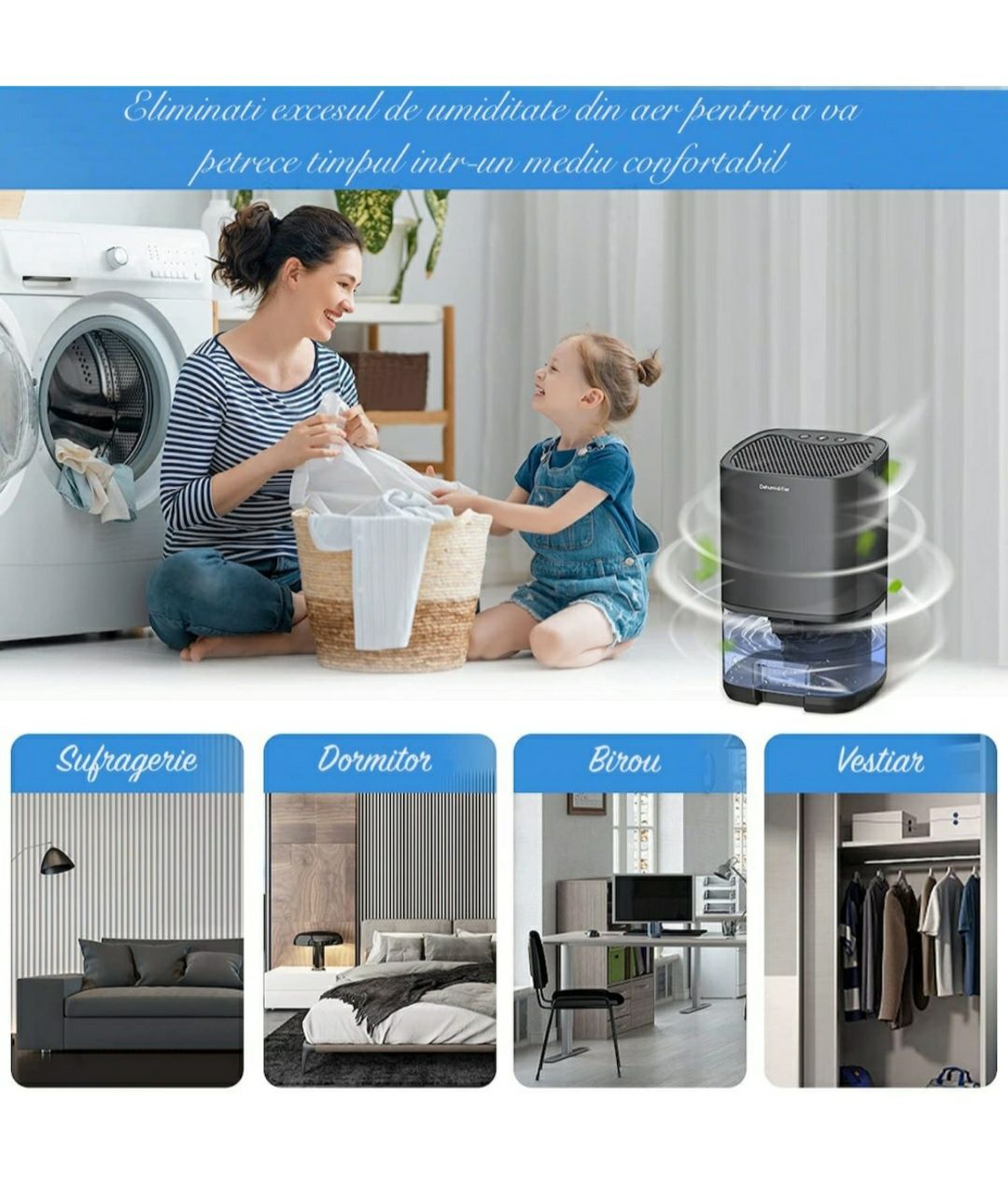 Dezumidificator Merkie, Rezervor 1L, 2 moduri, 7 culori, negru