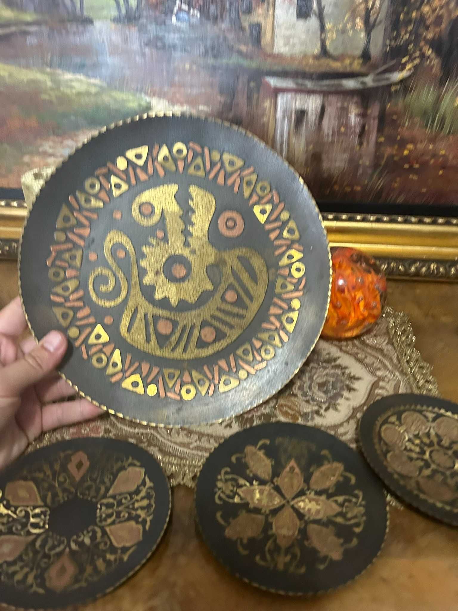 DN945 Set de 4 farfurii decorative alama/cupru superbe 788g 24 si 13 d