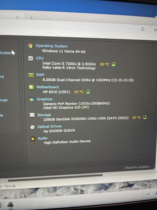 Laptop HP i5-7200U ; 8GB RAM ; SSD m2 256