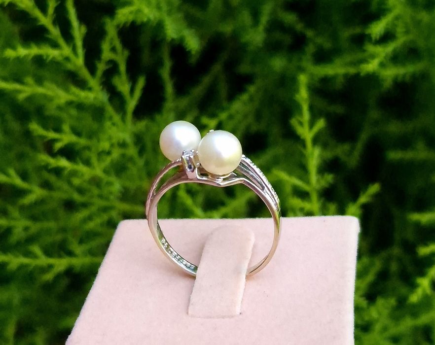 Inel din aur de 14K cu diamante naturale si perle Akoya