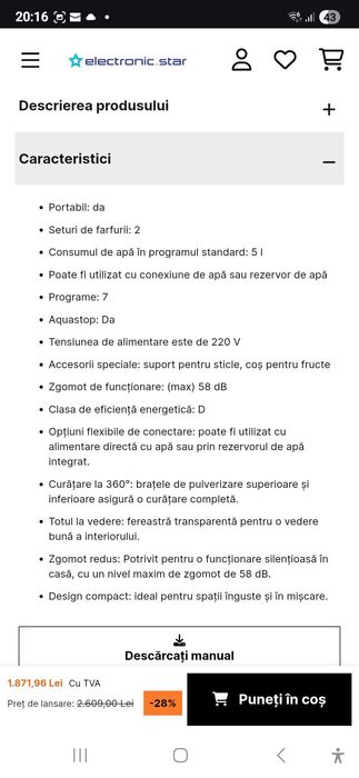 Amazonia, mini masina de spalat vase