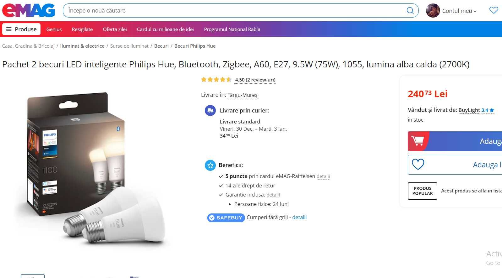 Bec-uri LED smart Philips Hue 1100 BT 8.5W E27 White (kit 2 becuri)