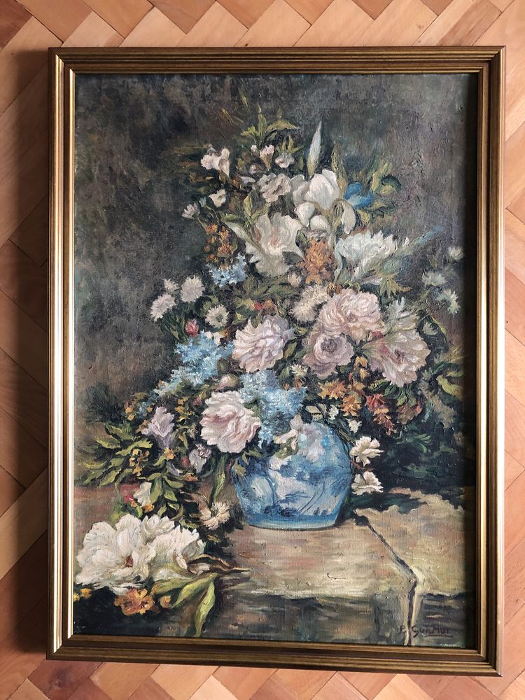 Tablou,pictura franceza in ulei pe panza,vaza cu flori ,semnat