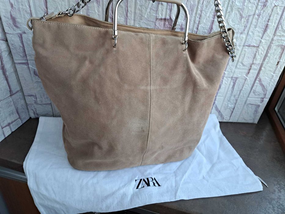 дамска чанта ZARA,бежова велурена торба-естествена кожа