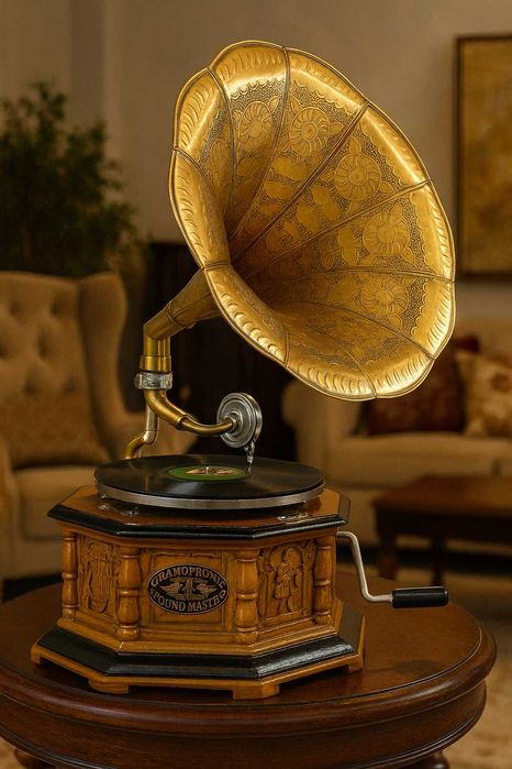 Gramofon octagonal, lemn, maro, H. 66 cm, decoratiuni-antichitati.ro