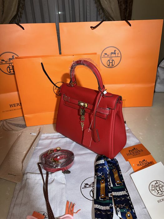 Geanta Hermes Kelly 25cm Red/accesorii gold