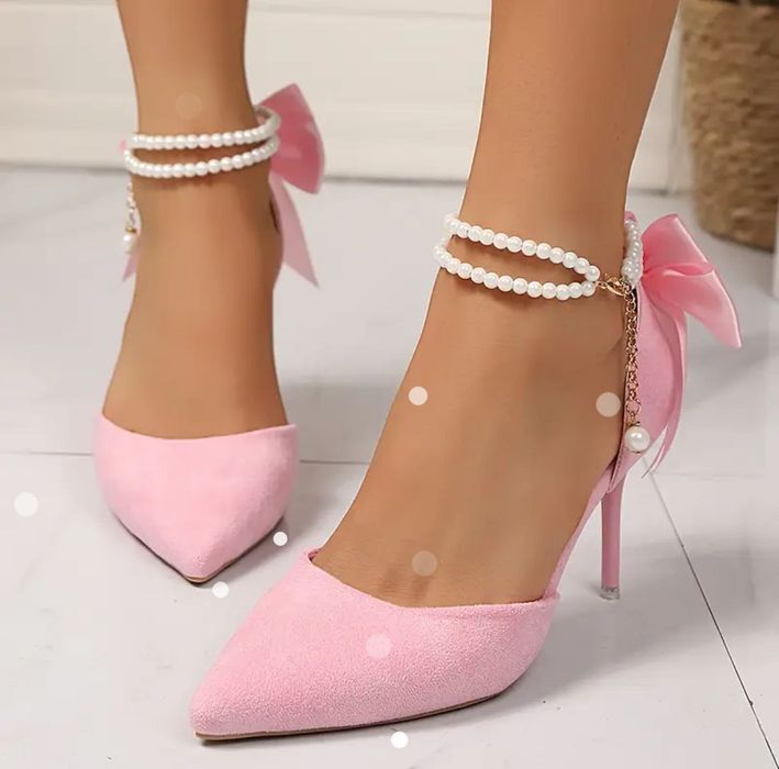 Елегантни дамски обувки с тънък ток и панделка , пастелно розови