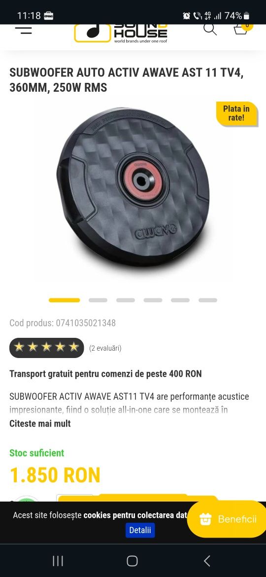 Subwoofer Activ AWAVE, 250 W RMS.