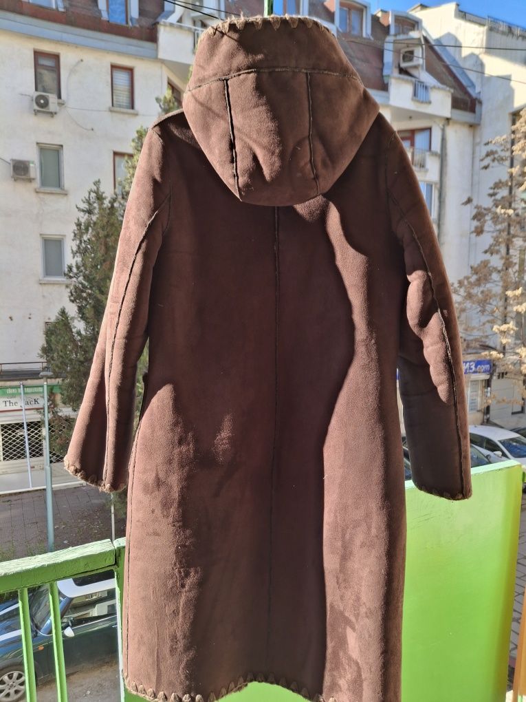 Кожен кафяв кожух с качулка