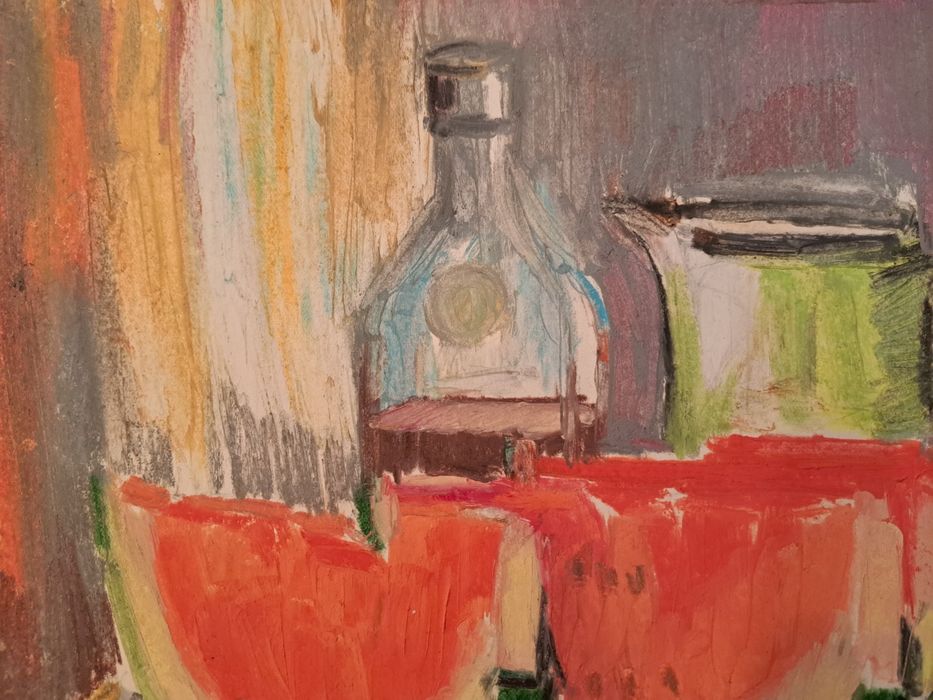 Pictură"Natură statică cu pepene", Mihai Butnaru (n.1937- d.2017)