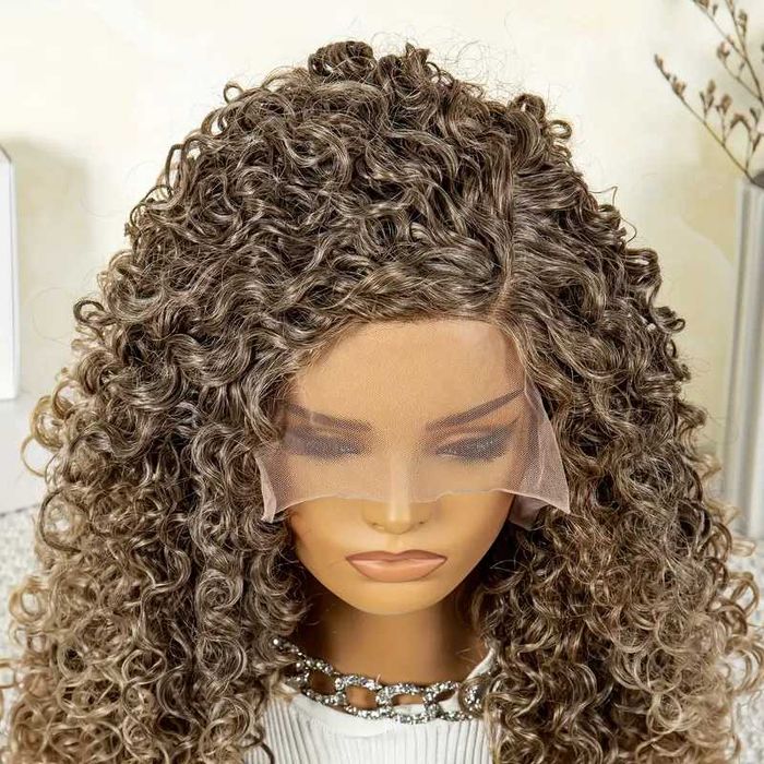 Тъмно руса омбре къдрава перука с руси краища лейс фронт 13*4*1