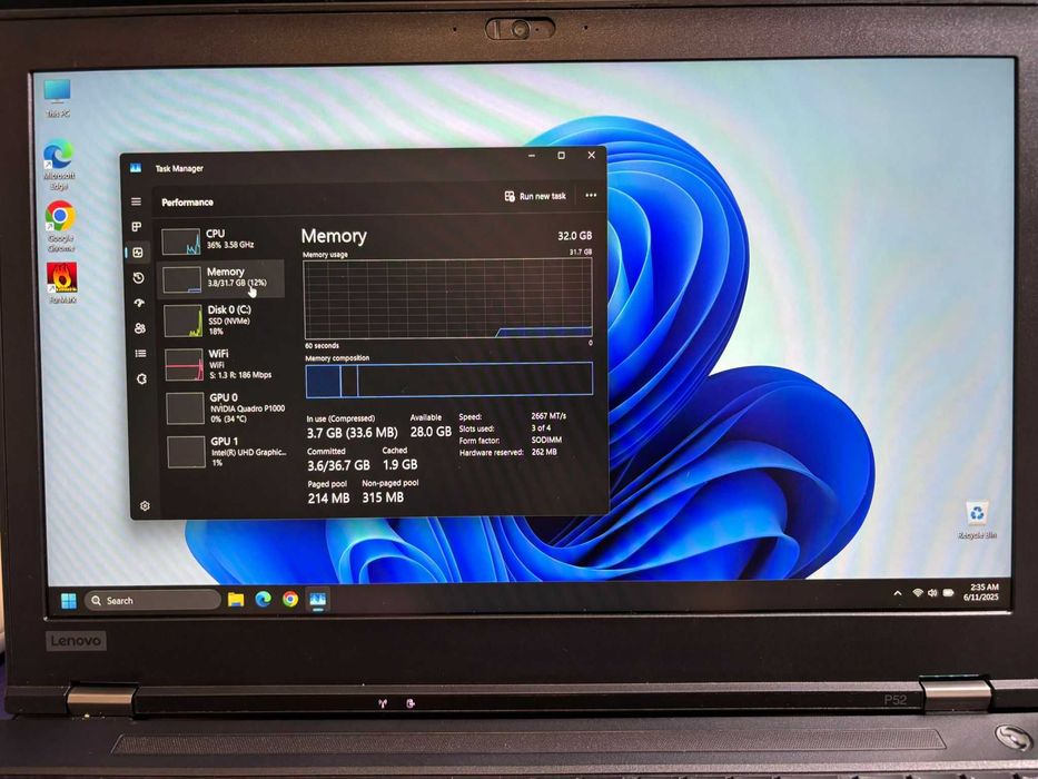 Vand Laptop Lenovo P52 i7-8850H memorie 32gb, ssd 1T, Placa video 4 gb