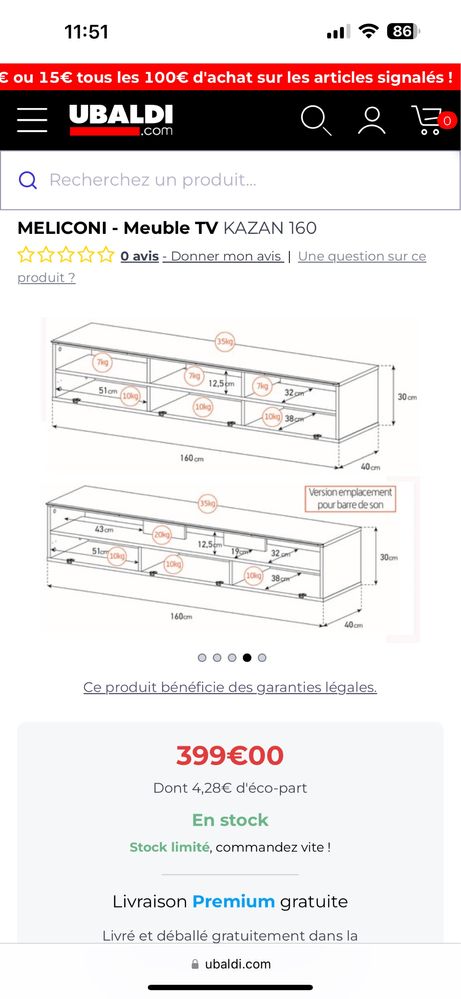 Masă pentru TV cu suport Meliconi 160 cm