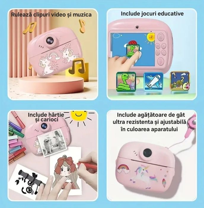 Cameră Foto&Video cu Imprimantă termică. Muzică/Jocuri. Include hârtia