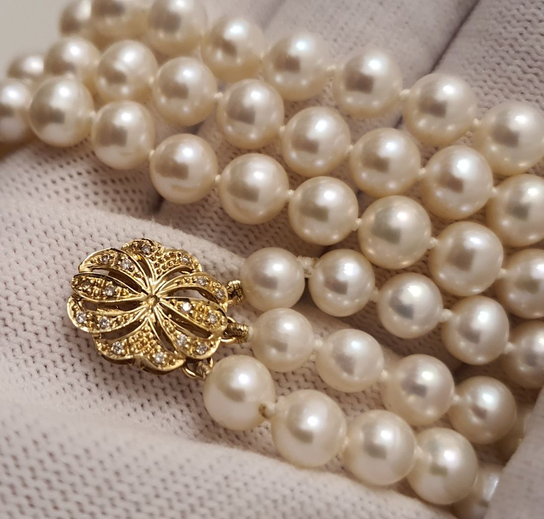 colier triplu perle naturale inchizatoare aur 14k cu diamante naturale