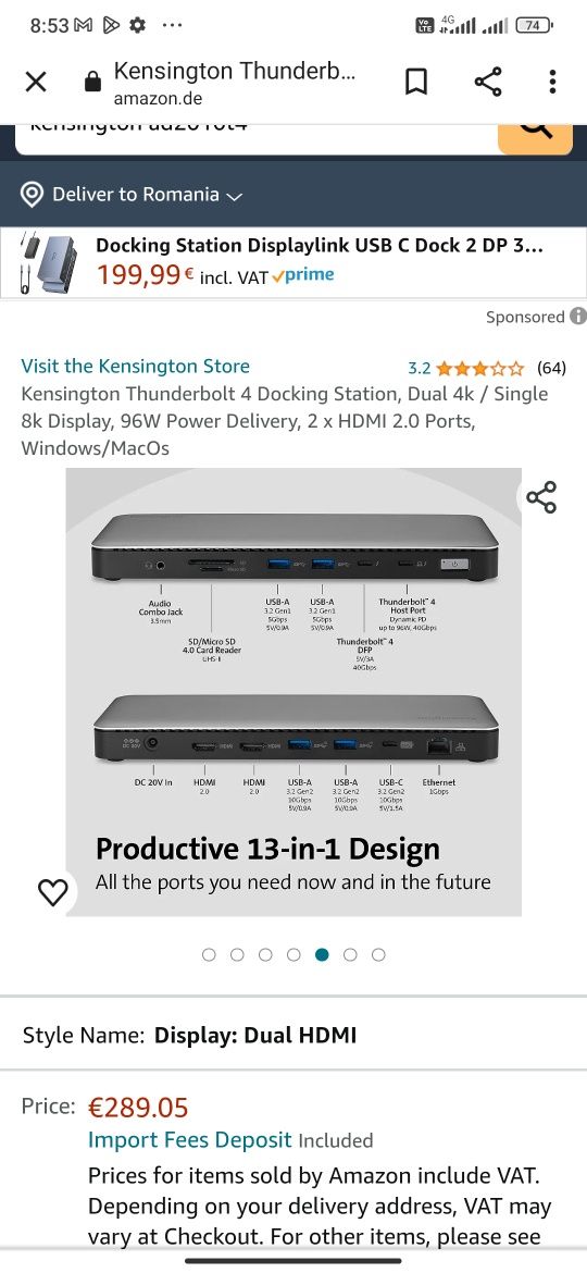 Docking Station Sigilat - i-Tec USB3.0/USB C - Kensington AD2010T4