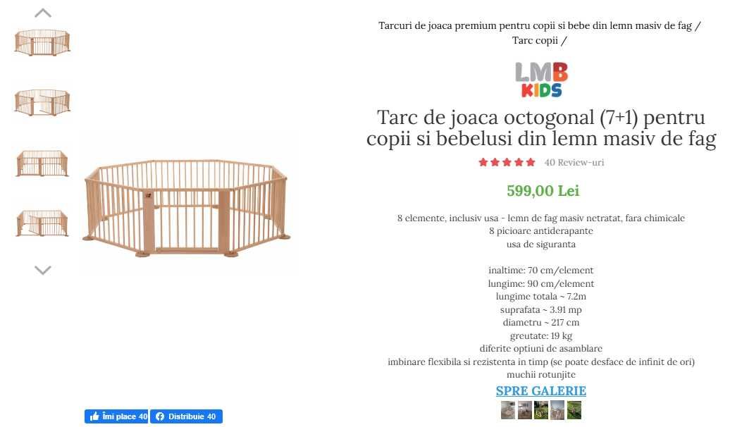 Tarc de joaca octogonal pentru copii si bebelusi din lemn masiv de fag