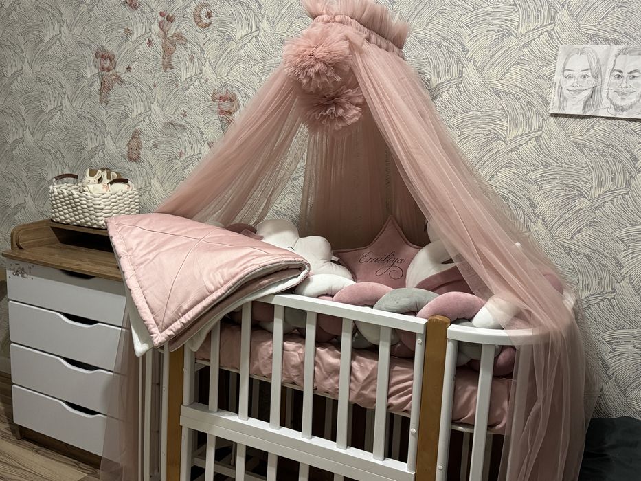Кроватка Nuvola lux, Бортики, Балдахин, мобиль, простынки, одеялко