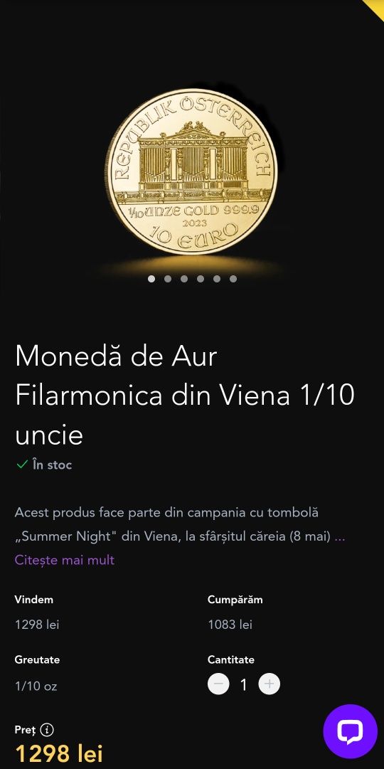 Moneda din aur Filarmonica din Viena 2021 1/10 uncie