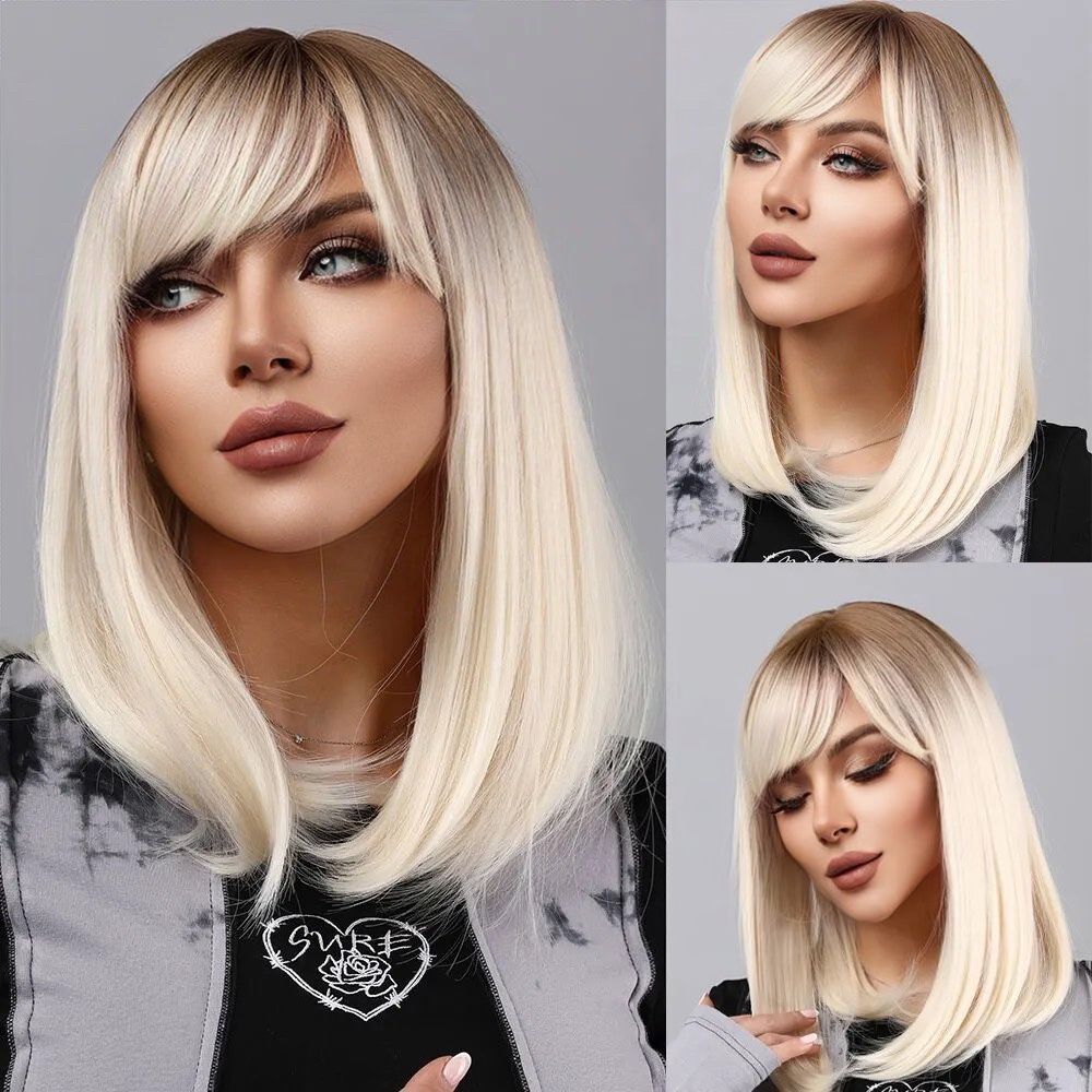 Peruca R123 Blonda Breton Ombre Baza Satena scurta bob Blond Platinat